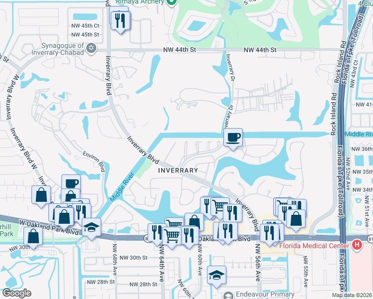 map of restaurants, bars, coffee shops, grocery stores, and more near 3539 Inverrary Boulevard in Lauderhill