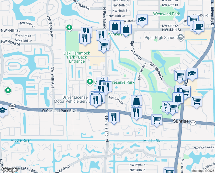 map of restaurants, bars, coffee shops, grocery stores, and more near in Sunrise