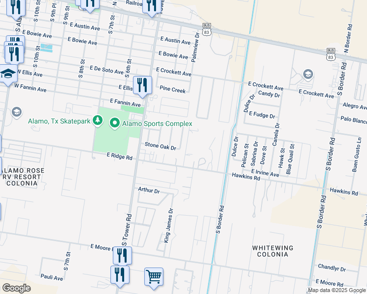 map of restaurants, bars, coffee shops, grocery stores, and more near 820 Pecan Drive in Alamo