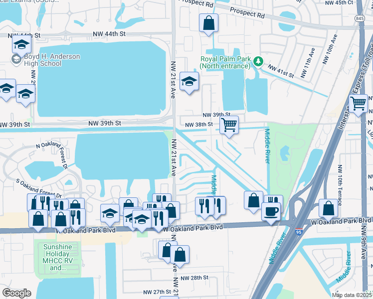 map of restaurants, bars, coffee shops, grocery stores, and more near 2020 Northwest 36th Street in Oakland Park