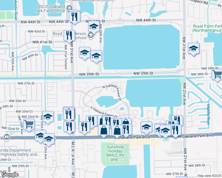 map of restaurants, bars, coffee shops, grocery stores, and more near 2890 North Oakland Forest Drive in Oakland Park