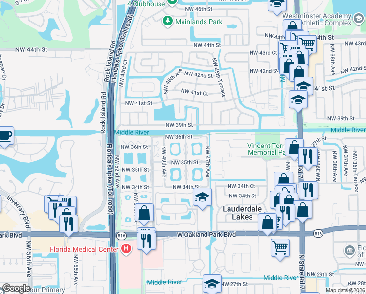 map of restaurants, bars, coffee shops, grocery stores, and more near 4806 Northwest 36th Street in Lauderdale Lakes