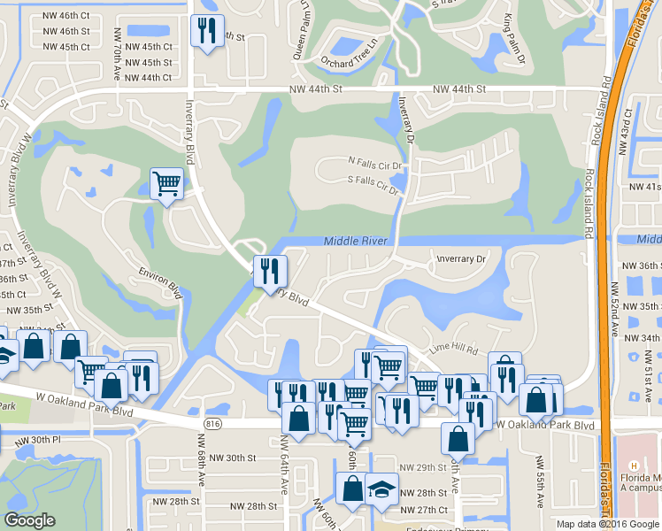 map of restaurants, bars, coffee shops, grocery stores, and more near 3521 Inverrary Drive in Lauderhill
