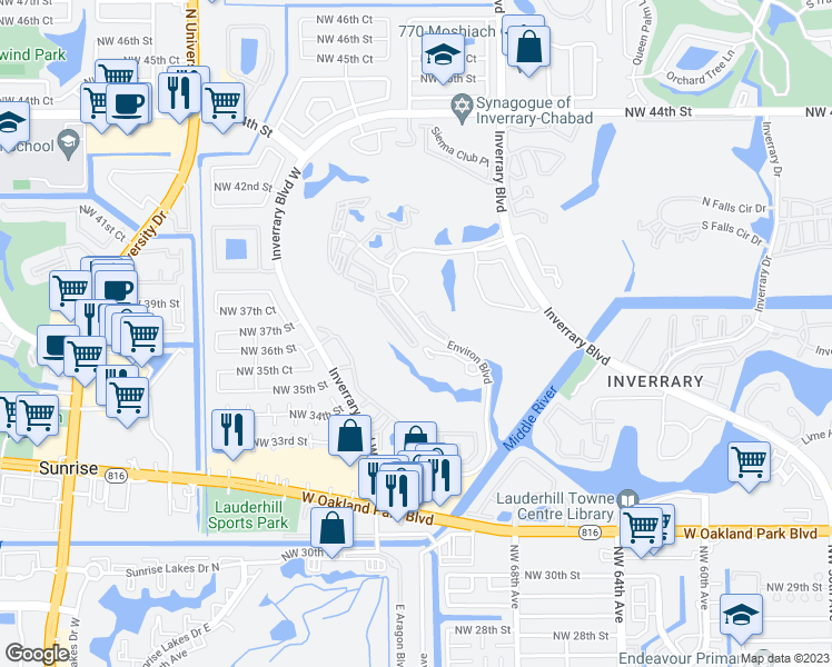 map of restaurants, bars, coffee shops, grocery stores, and more near 3650 Environ Boulevard in Lauderhill