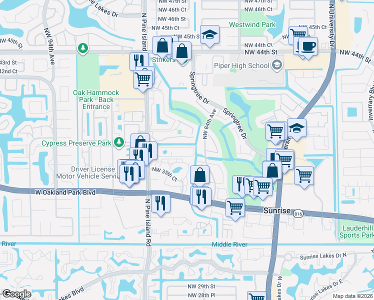 map of restaurants, bars, coffee shops, grocery stores, and more near 581 Northwest 37th Street in Sunrise