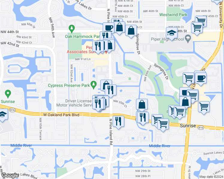 map of restaurants, bars, coffee shops, grocery stores, and more near in Sunrise