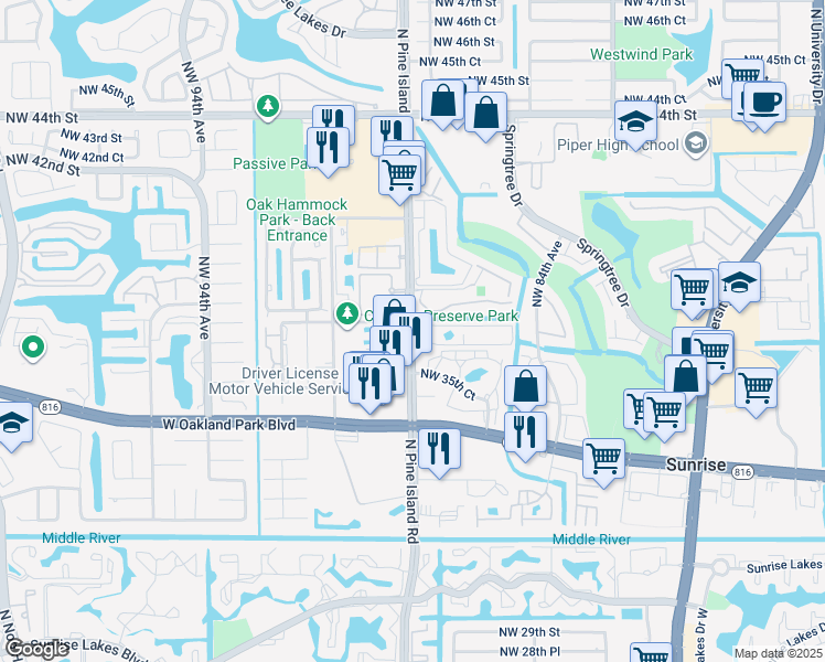 map of restaurants, bars, coffee shops, grocery stores, and more near in Sunrise