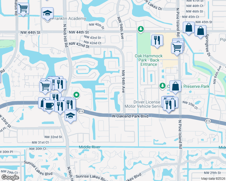 map of restaurants, bars, coffee shops, grocery stores, and more near 3674 Northwest 95th Terrace in Sunrise