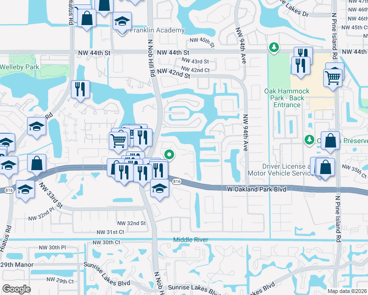 map of restaurants, bars, coffee shops, grocery stores, and more near 9763 Northwest 37th Street in Sunrise