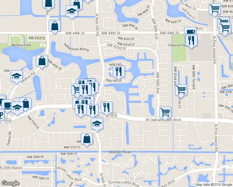 map of restaurants, bars, coffee shops, grocery stores, and more near 9749 Northwest 37th Street in Sunrise