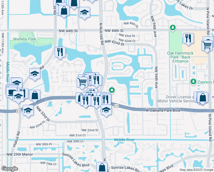 map of restaurants, bars, coffee shops, grocery stores, and more near 3639 Northwest 99th Terrace in Sunrise