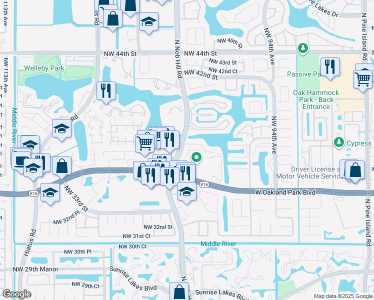 map of restaurants, bars, coffee shops, grocery stores, and more near 3639 Northwest 99th Terrace in Sunrise
