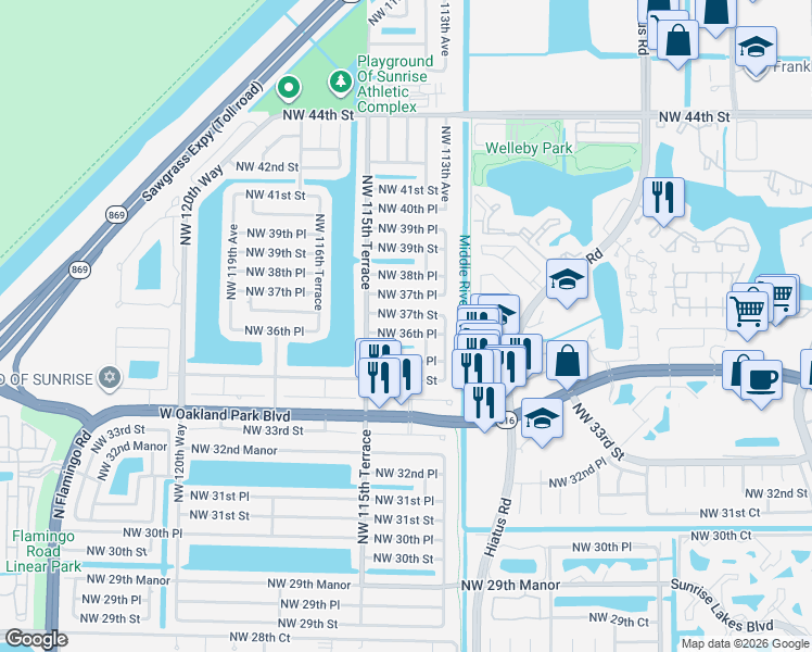 map of restaurants, bars, coffee shops, grocery stores, and more near 11450 Northwest 37th Street in Sunrise