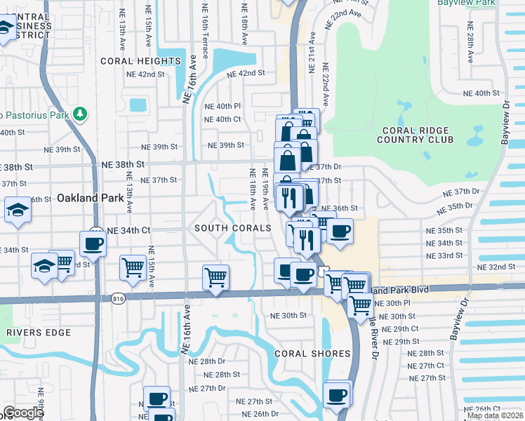 map of restaurants, bars, coffee shops, grocery stores, and more near 3497 Northeast 19th Avenue in Oakland Park