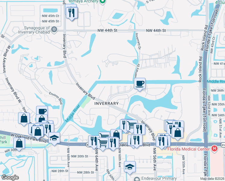 map of restaurants, bars, coffee shops, grocery stores, and more near 3521 Inverrary Drive in Lauderhill