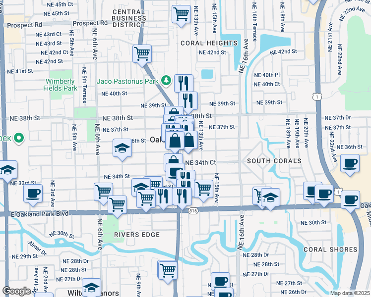 map of restaurants, bars, coffee shops, grocery stores, and more near in Oakland Park