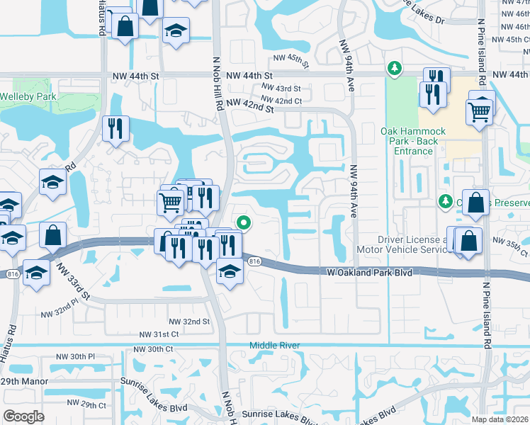 map of restaurants, bars, coffee shops, grocery stores, and more near 9749 Northwest 37th Street in Sunrise