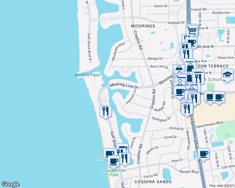 map of restaurants, bars, coffee shops, grocery stores, and more near 200 Springline Drive in Naples