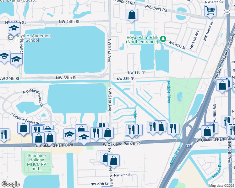 map of restaurants, bars, coffee shops, grocery stores, and more near 2020 Northwest 36th Street in Oakland Park