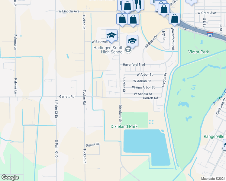 map of restaurants, bars, coffee shops, grocery stores, and more near 2418 Topaz Drive in Harlingen