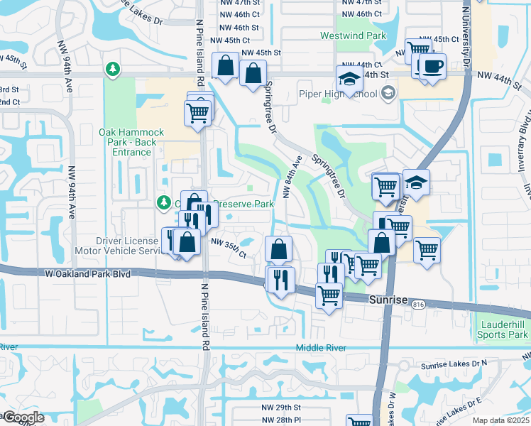 map of restaurants, bars, coffee shops, grocery stores, and more near 3730 North Pine Island Road in Sunrise