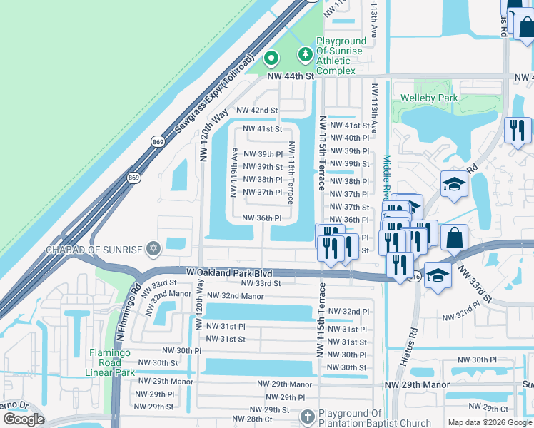 map of restaurants, bars, coffee shops, grocery stores, and more near 11780 Northwest 37th Street in Sunrise