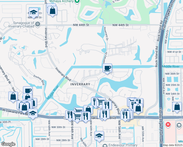 map of restaurants, bars, coffee shops, grocery stores, and more near 3571 Inverrary Drive in Lauderhill