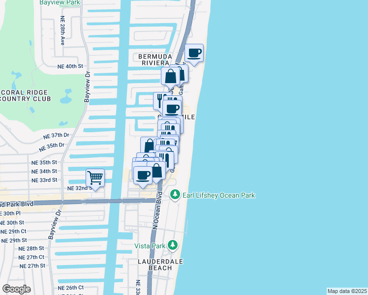 map of restaurants, bars, coffee shops, grocery stores, and more near 3500 Galt Ocean Drive in Fort Lauderdale