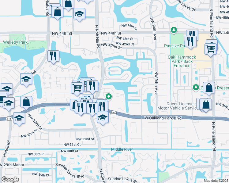 map of restaurants, bars, coffee shops, grocery stores, and more near 9749 Northwest 37th Street in Sunrise