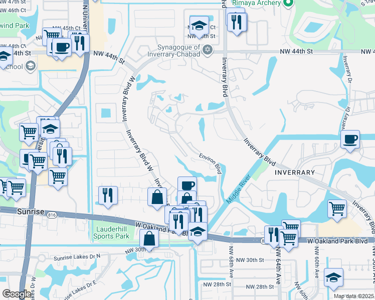 map of restaurants, bars, coffee shops, grocery stores, and more near 3650 Environ Boulevard in Lauderhill