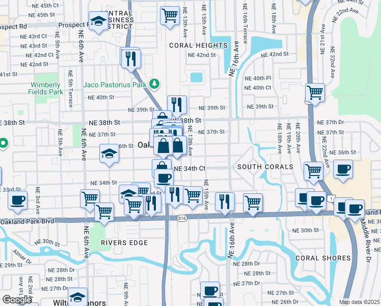 map of restaurants, bars, coffee shops, grocery stores, and more near 1274 Northeast 36th Street in Oakland Park