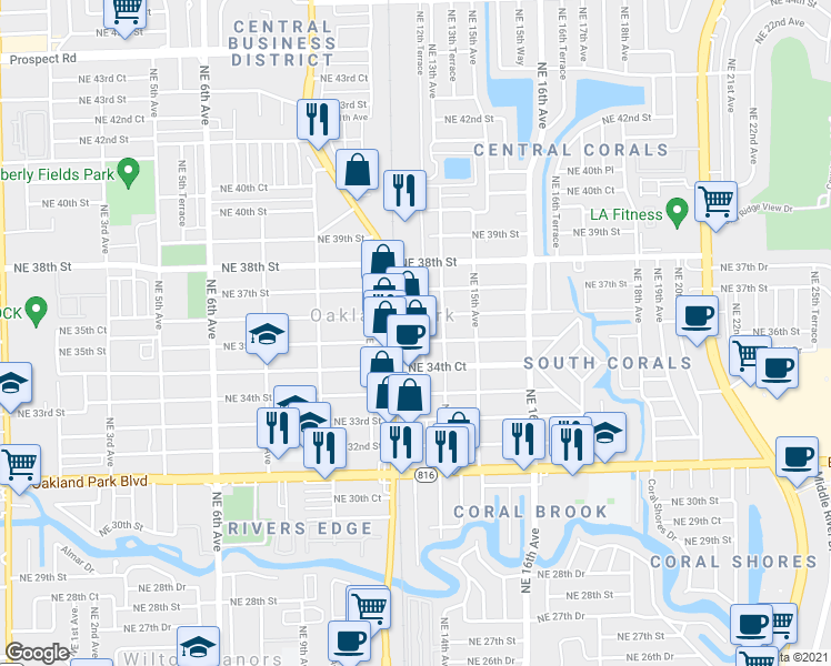 map of restaurants, bars, coffee shops, grocery stores, and more near 1274 Northeast 36th Street in Oakland Park