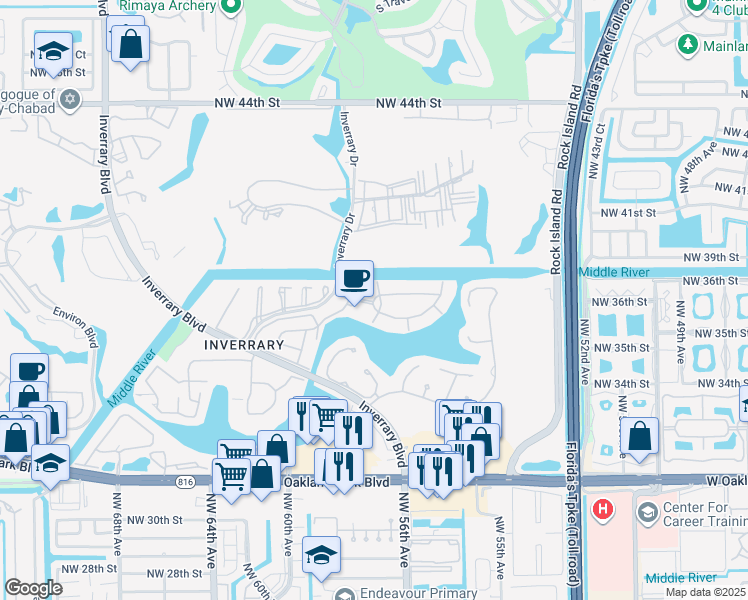 map of restaurants, bars, coffee shops, grocery stores, and more near 3760 Inverrary Drive in Lauderhill
