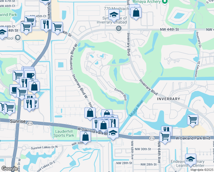 map of restaurants, bars, coffee shops, grocery stores, and more near 3650 Environ Boulevard in Lauderhill