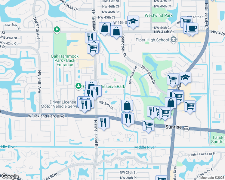 map of restaurants, bars, coffee shops, grocery stores, and more near 581 Northwest 37th Street in Sunrise