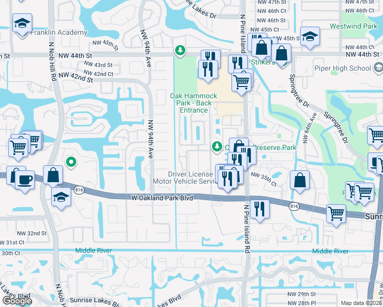 map of restaurants, bars, coffee shops, grocery stores, and more near 9148 Northwest 38th Place in Sunrise