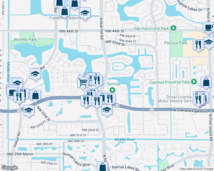 map of restaurants, bars, coffee shops, grocery stores, and more near 3639 Northwest 99th Terrace in Sunrise
