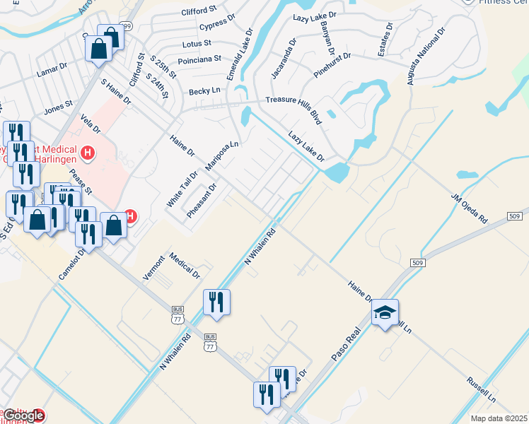 map of restaurants, bars, coffee shops, grocery stores, and more near 2213 Treasure Haven Drive in Harlingen