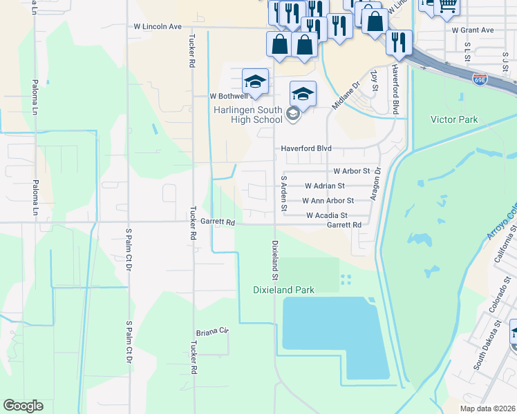 map of restaurants, bars, coffee shops, grocery stores, and more near 2418 Topaz Drive in Harlingen