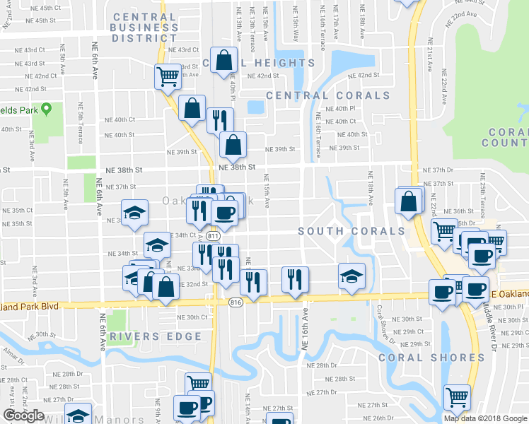 map of restaurants, bars, coffee shops, grocery stores, and more near 1499 Northeast 35th Street in Oakland Park
