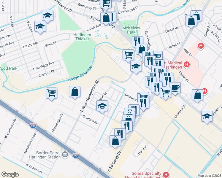 map of restaurants, bars, coffee shops, grocery stores, and more near 1115 Falcon Drive in Harlingen