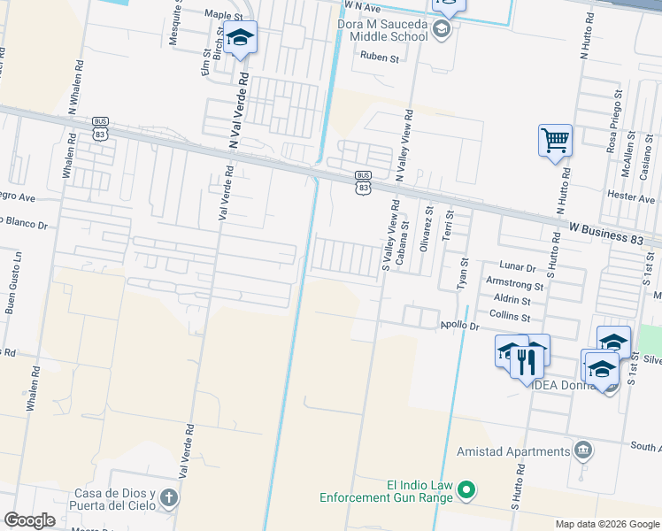 map of restaurants, bars, coffee shops, grocery stores, and more near 257 Whileaway Lane in Donna