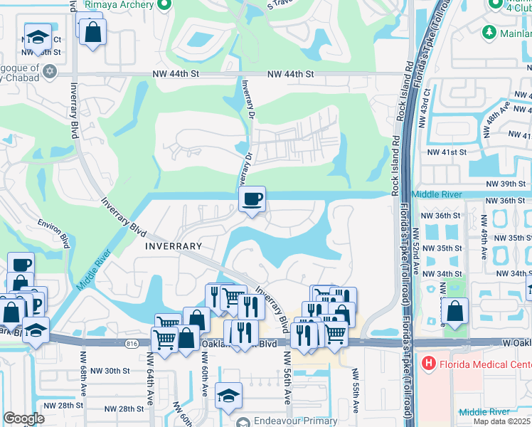 map of restaurants, bars, coffee shops, grocery stores, and more near 3760 Inverrary Drive in Lauderhill