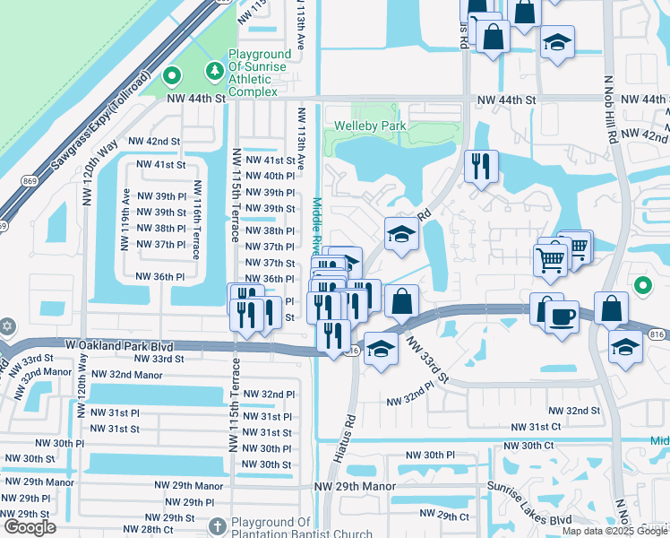 map of restaurants, bars, coffee shops, grocery stores, and more near 11114 Northwest 36th Street in Sunrise