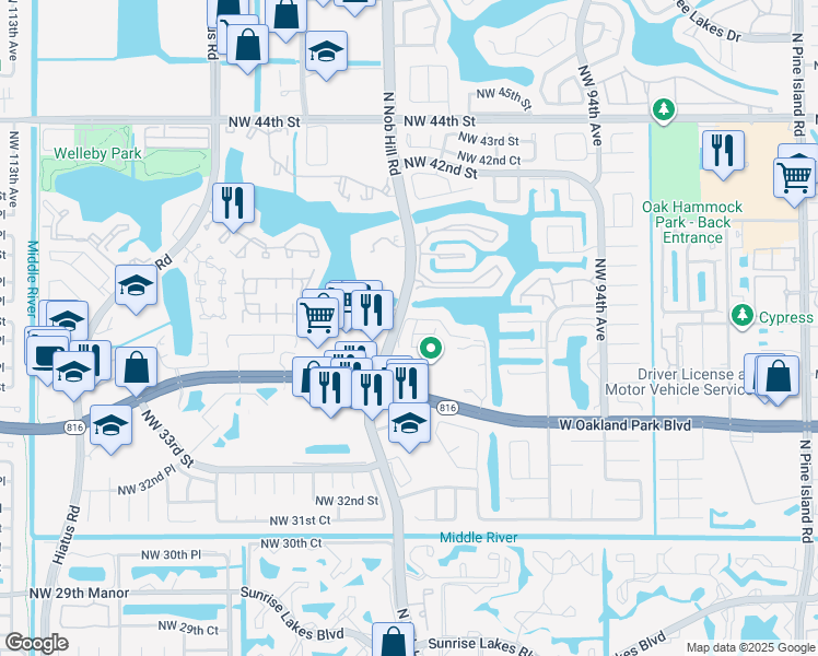 map of restaurants, bars, coffee shops, grocery stores, and more near 3639 Northwest 99th Terrace in Sunrise