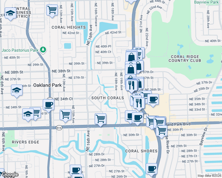 map of restaurants, bars, coffee shops, grocery stores, and more near 1789 Northeast 35th Street in Oakland Park