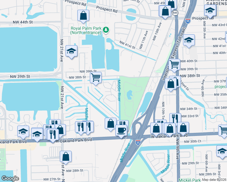 map of restaurants, bars, coffee shops, grocery stores, and more near 102 Royal Park Drive in Oakland Park