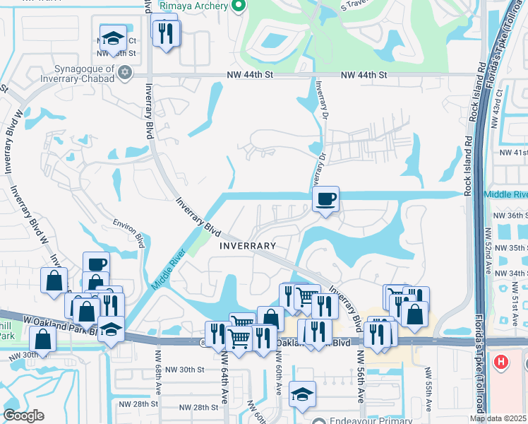 map of restaurants, bars, coffee shops, grocery stores, and more near 3521 Inverrary Drive in Lauderhill