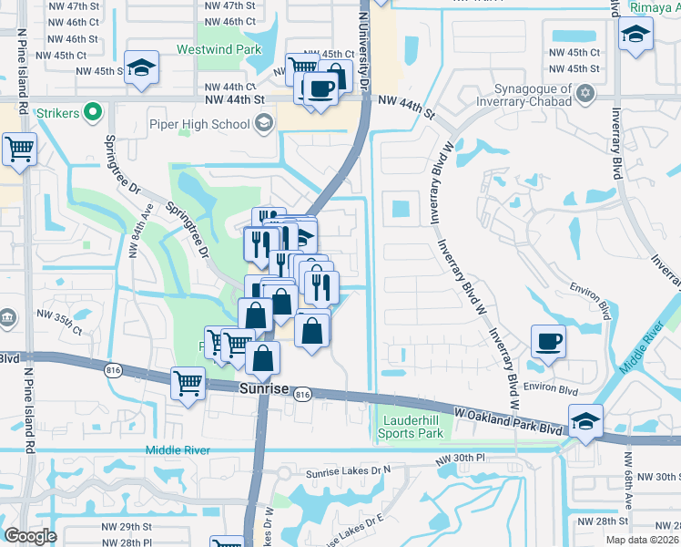 map of restaurants, bars, coffee shops, grocery stores, and more near 38 The Common in Sunrise