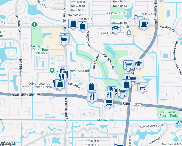 map of restaurants, bars, coffee shops, grocery stores, and more near 3811 Northwest 84th Avenue in Sunrise